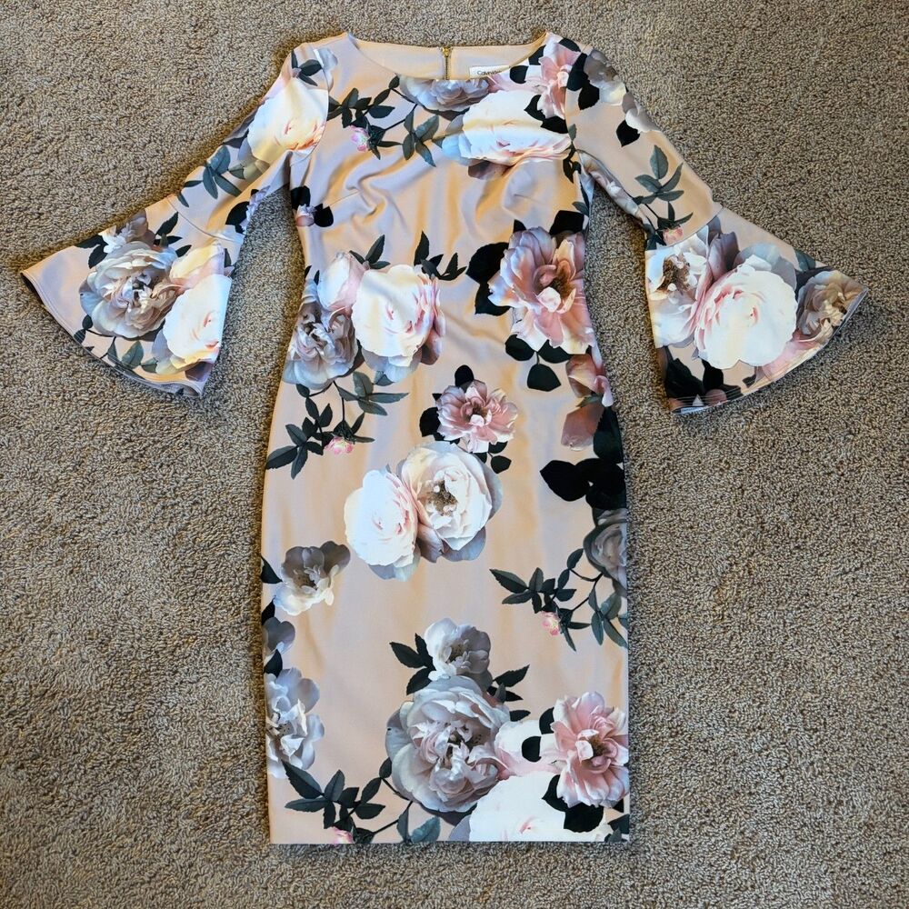 Calvin Klein Dress Womens 2 Pink Floral Sheath Elbow Flutter Sleeve Lined